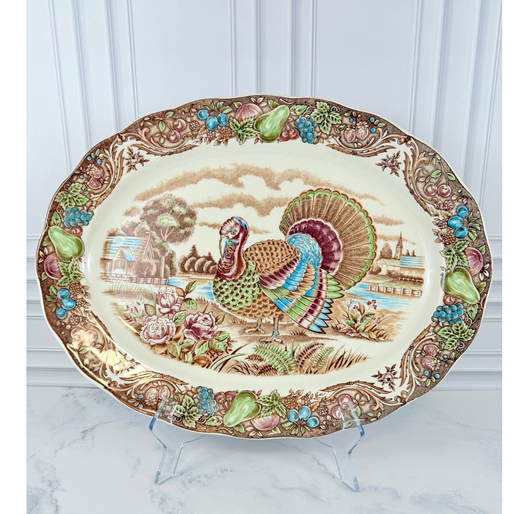 VTG SM Japan Large Turkey Transferware Platter Brown Multicolor 18" X 14" EUC!
